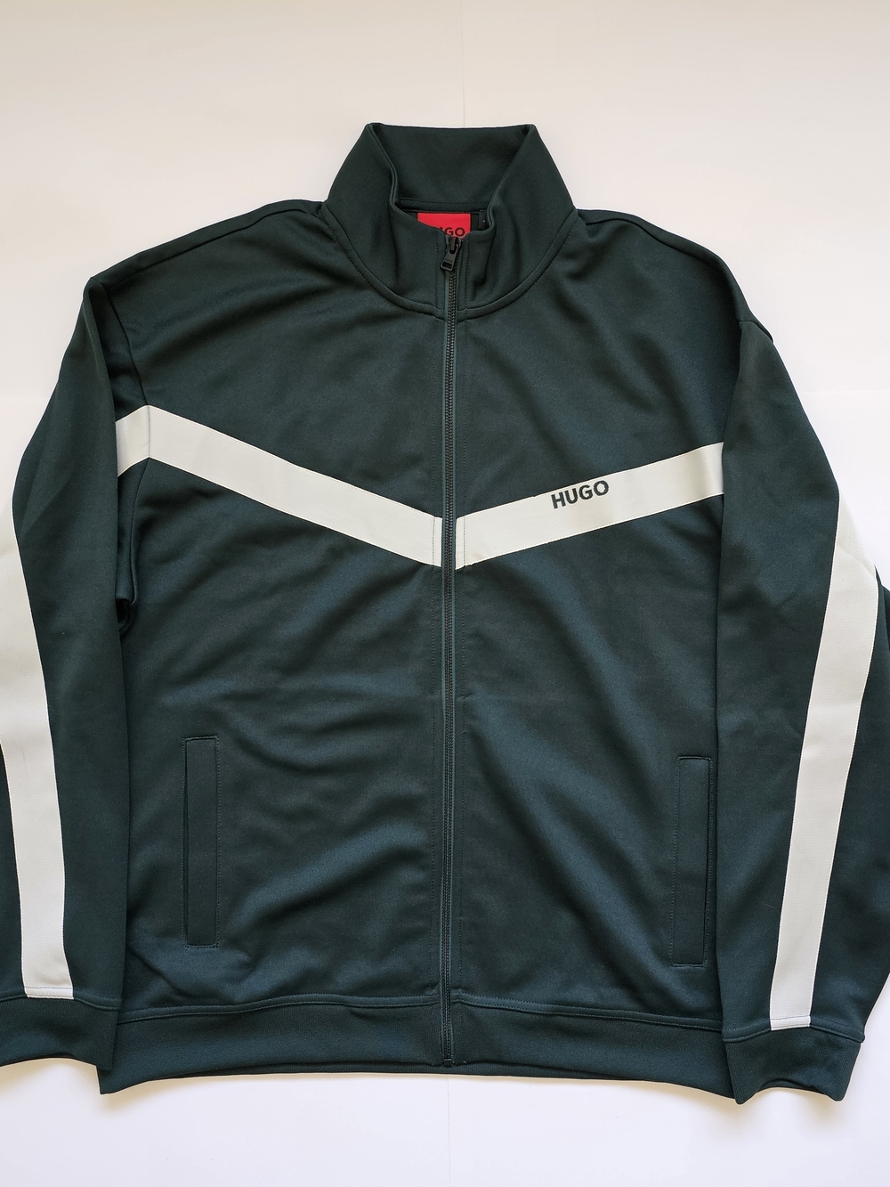 HUGO Dark Green Zip-Up Track Jacket with White Chevron Sz. Large